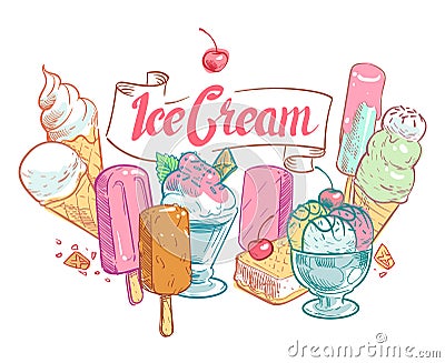 Vintage sketch fruit ice cream vector summertime poster Vector Illustration