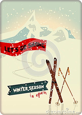 vintage skiing and winter sports metal sign, free copy space, ficitonal ertwork,vector Vector Illustration