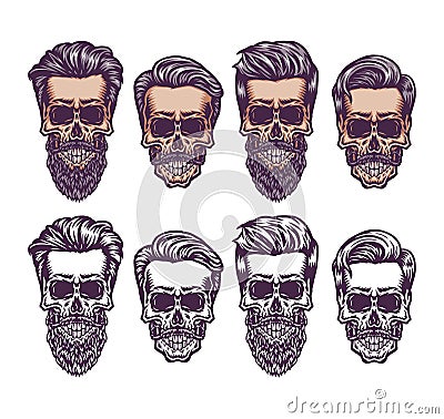 Vintage skull with hair style, hand drawn line with digital color Vector Illustration