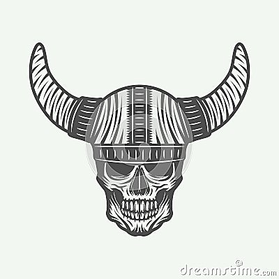 Vintage skull in viking helm in retro style. Vector Illustration