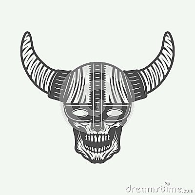 Vintage skull in viking helm in retro style. Monochrome Graphic Vector Illustration