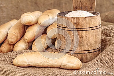 Vintage small wooden bucket with breadcrumbs Stock Photo