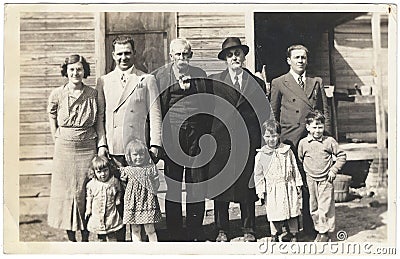 Vintage Snapshot: Family Reunion Men Women Children 1930s Editorial Stock Photo