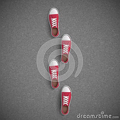 Vintage sneakers stand on asphalt. Vector Illustration