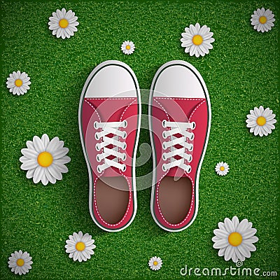 Vintage sneakers standing on green grass Vector Illustration