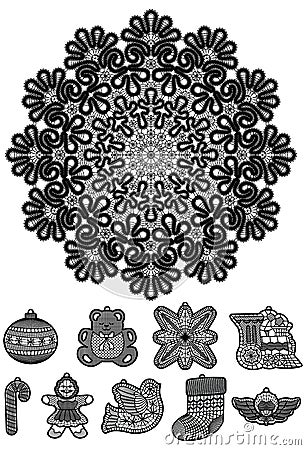 Vintage. Snowflake and Christmas toys Vector Illustration