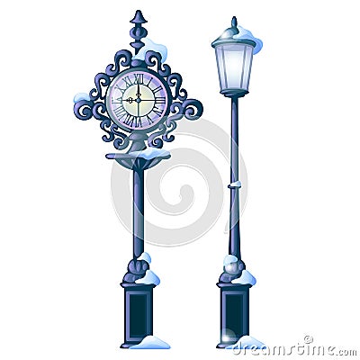 Vintage snowy street clock with ornate dial and streetlight isolated on white background. Sample of Christmas and New Vector Illustration