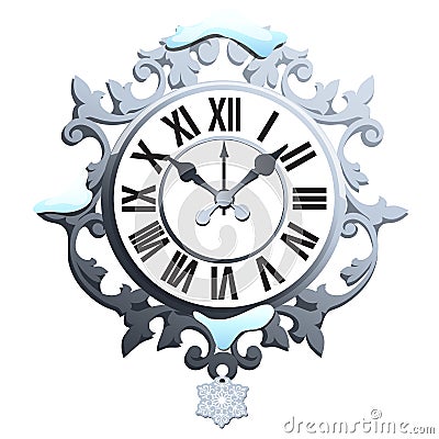 Vintage snowy wall clock with ornate dial and snowflake isolated on white background. Sample of Christmas and New year Vector Illustration