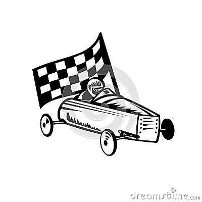 Vintage Soap Box Derby or Soapbox Car Racer Racing Flag Retro Black and White Vector Illustration