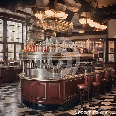 A vintage soda fountain with retro soda jerk uniforms and glass soda dispensers1 Stock Photo