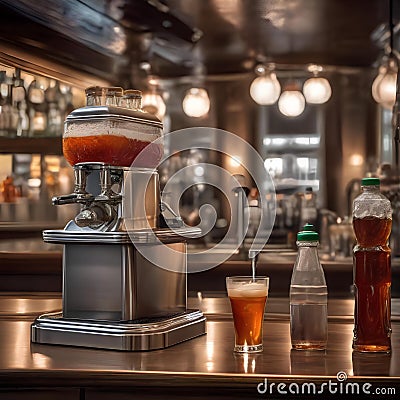 A vintage soda fountain with syrup bottles and soda glasses ready for pouring2 Stock Photo