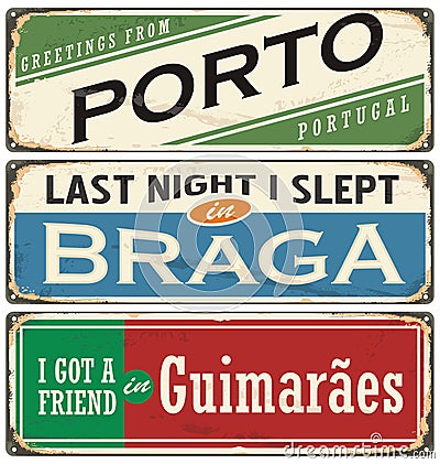 Vintage souvenir sign or postcard templates with Portugal cities Vector Illustration