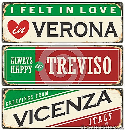 Vintage souvenirs or postcard templates with places in Italy Vector Illustration