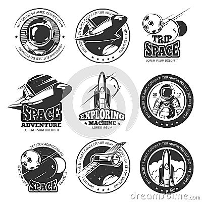 Vintage space, astronautics, shuttle flight vector labels, logos, badges, emblems Vector Illustration