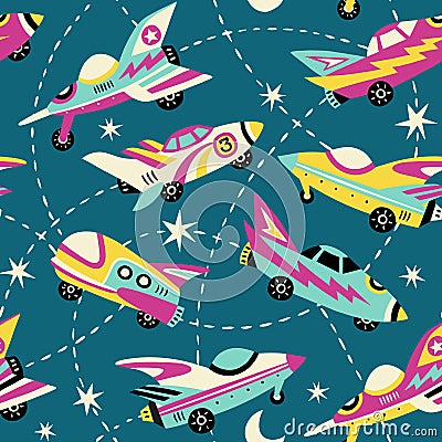 Vintage space cars seamless vector pattern on teal background. Vector Illustration