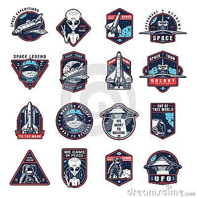 Vintage space colorful labels collection Vector Illustration