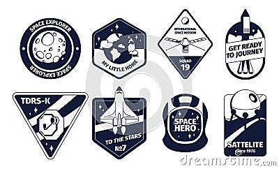 Vintage space emblem. Retro monochrome labels with galaxy rocket shuttle stars and planets, classic space symbols in Vector Illustration