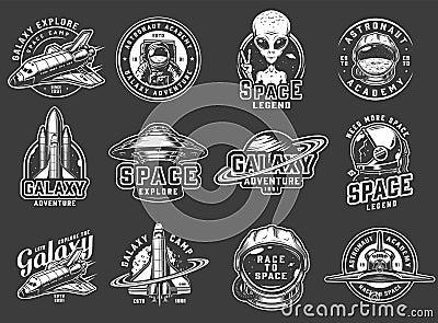 Vintage space exploration logos set Vector Illustration