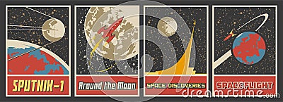 Vintage Space Propaganda Poster Set Stock Photo