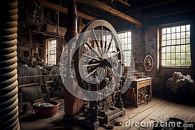 Vintage spinning wheel spindle for creating fabrics textile industry Stock Photo