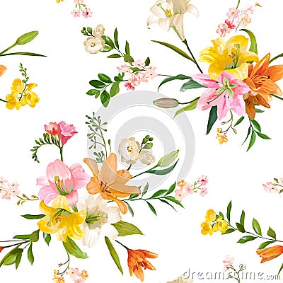 Vintage Spring Flowers Background - Seamless Floral Lily Pattern Vector Illustration