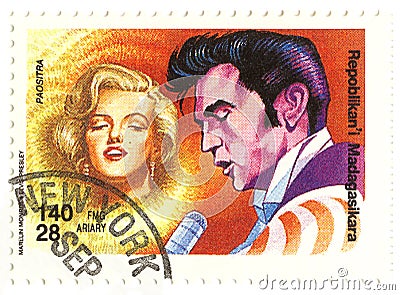 Vintage stamp with Monroe and Elvis Editorial Stock Photo