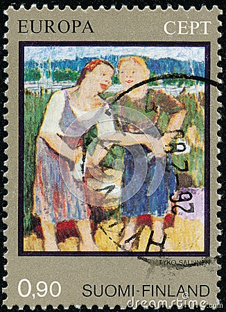 Vintage stamp printed in Finland 1975 show Paintings Tyko Konstantin Sallinen Editorial Stock Photo