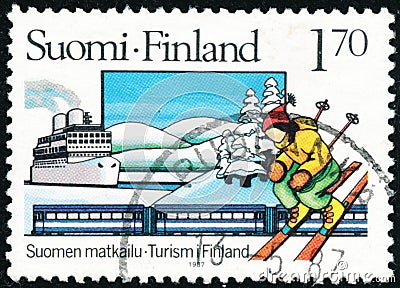 Vintage stamp printed in Finland 1987 show Tourism Editorial Stock Photo
