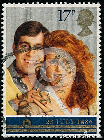 Vintage stamp printed in Great Britain 1986 shows Wedding of Prince Andrew and Sarah Ferguson Editorial Stock Photo