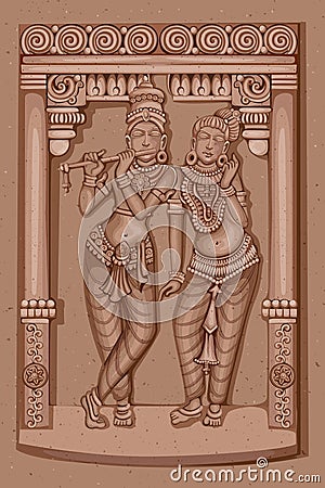 Vintage Statue of Indian God Radha and Krishna Sculpture Vector Illustration