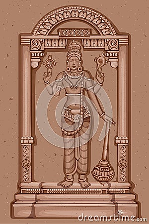 Vintage Statue of Indian Lord Vishnu Sculpture Vector Illustration