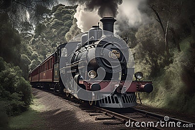 A vintage steam locomotive chugging along a historic railway track. Stock Photo