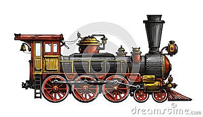 Vintage steam locomotive. Drawn ancient train, transport. Vector illustration Vector Illustration