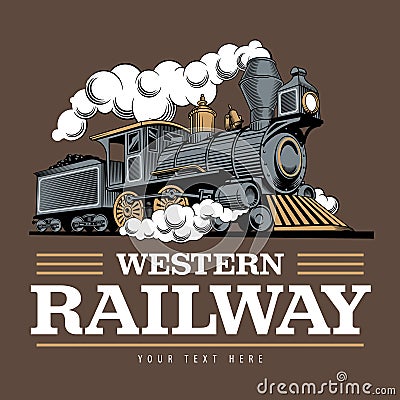 Vintage steam train locomotive, engraving style vector illustration. Logo design template Vector Illustration