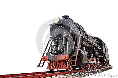 vintage steam train on the rails close-up isolated on white background, retro vehicle, steam engine Stock Photo