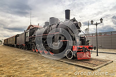 Vintage steam train at the station, Museum, Ekaterinburg, Russia, Verkhnyaya Pyshma, 05.07.2015 year Editorial Stock Photo