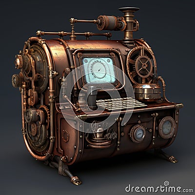 Vintage steampunk style computer with monitor and keyboard. Generative AI Stock Photo
