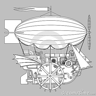 Vintage Steampunk template with a complex fantastic flying ship Vector Illustration