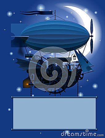 Vintage Steampunk template with a fantastic flying ship in night Vector Illustration