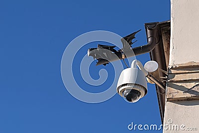 Vintage steel plate black gargoyle shaped like a dragon head with small wings and modern security camera Stock Photo