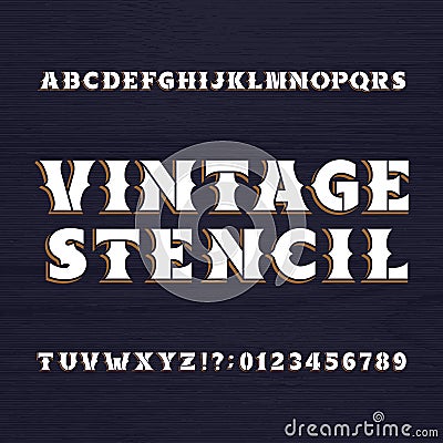 Vintage stencil typeface. Retro alphabet font on a wooden background. Vector Illustration