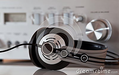 Vintage Stereo Amplifier with Headphones Stock Photo