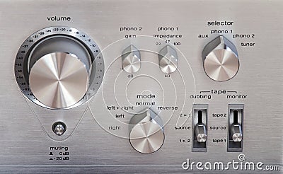 Vintage Stereo Amplifier Shiny Metal Volume Control Knob Stock Photo