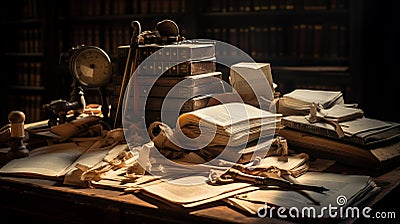 Vintage still life with crumpled old papers, obsolete books generative ai Stock Photo