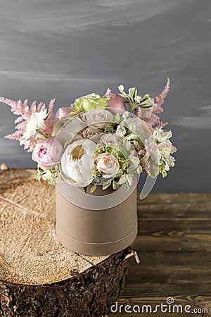 Vintage Still Life With Flowers. round box for hat Stock Photo