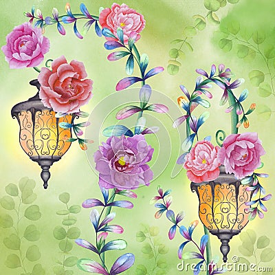 Vintage street lights with peony flowers and colorful leaves ornament Fairy spring garden watercolor illustration Enchanted Cartoon Illustration