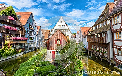 Vintage street in old town of Ulm, Germany. Scenic view of historical Fisherman`s Quarter in summer Editorial Stock Photo