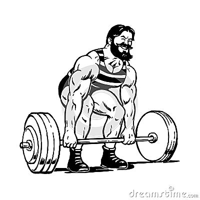 Vintage strong bearded man in striped tee shirt lifting heavy barbell Vector Illustration