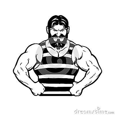 Vintage strong bearded man torso in striped tee shirt Vector Illustration