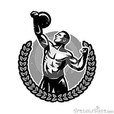 Vintage strong bodybuilder lifted heavy kettlebell Vector Illustration
